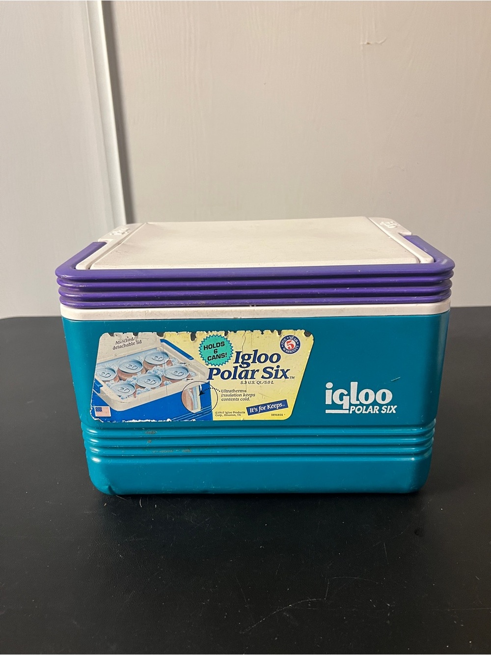 1997 Igloo vintage Polar Six Cooler Teal W/Purple Handle 6-Pack 5.3 U.S. Qt/5.0L